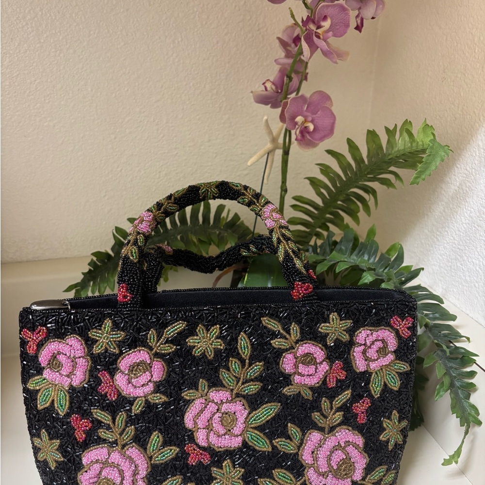 Floral Embroidered Black Handbag
